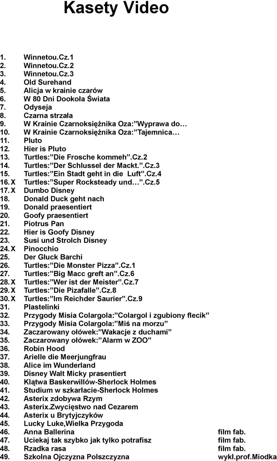 Turtles: Ein Stadt geht in die Luft.Cz.4 16. X Turtles: Super Rocksteady und.cz.5 17. X Dumbo Disney 18. Donald Duck geht nach 19. Donald praesentiert 20. Goofy praesentiert 21. Piotrus Pan 22.