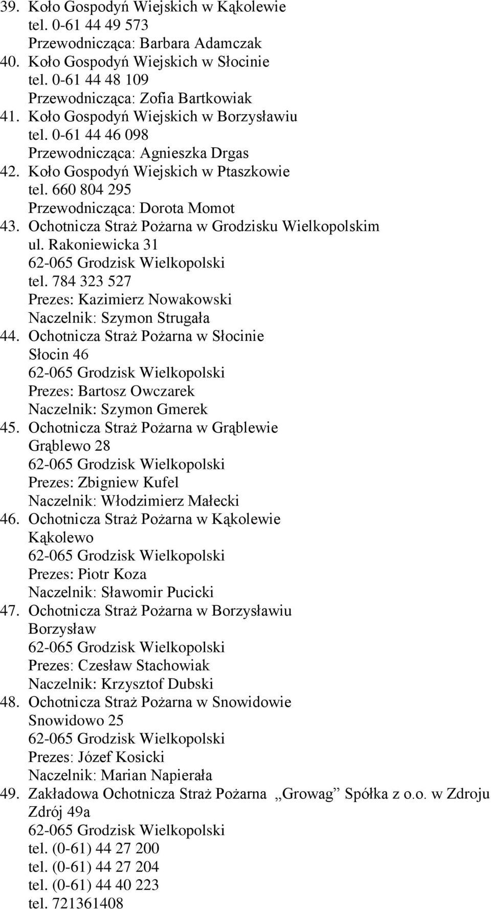 Ochotnicza Straż Pożarna w Grodzisku Wielkopolskim ul. Rakoniewicka 31 tel. 784 323 527 Prezes: Kazimierz Nowakowski Naczelnik: Szymon Strugała 44.