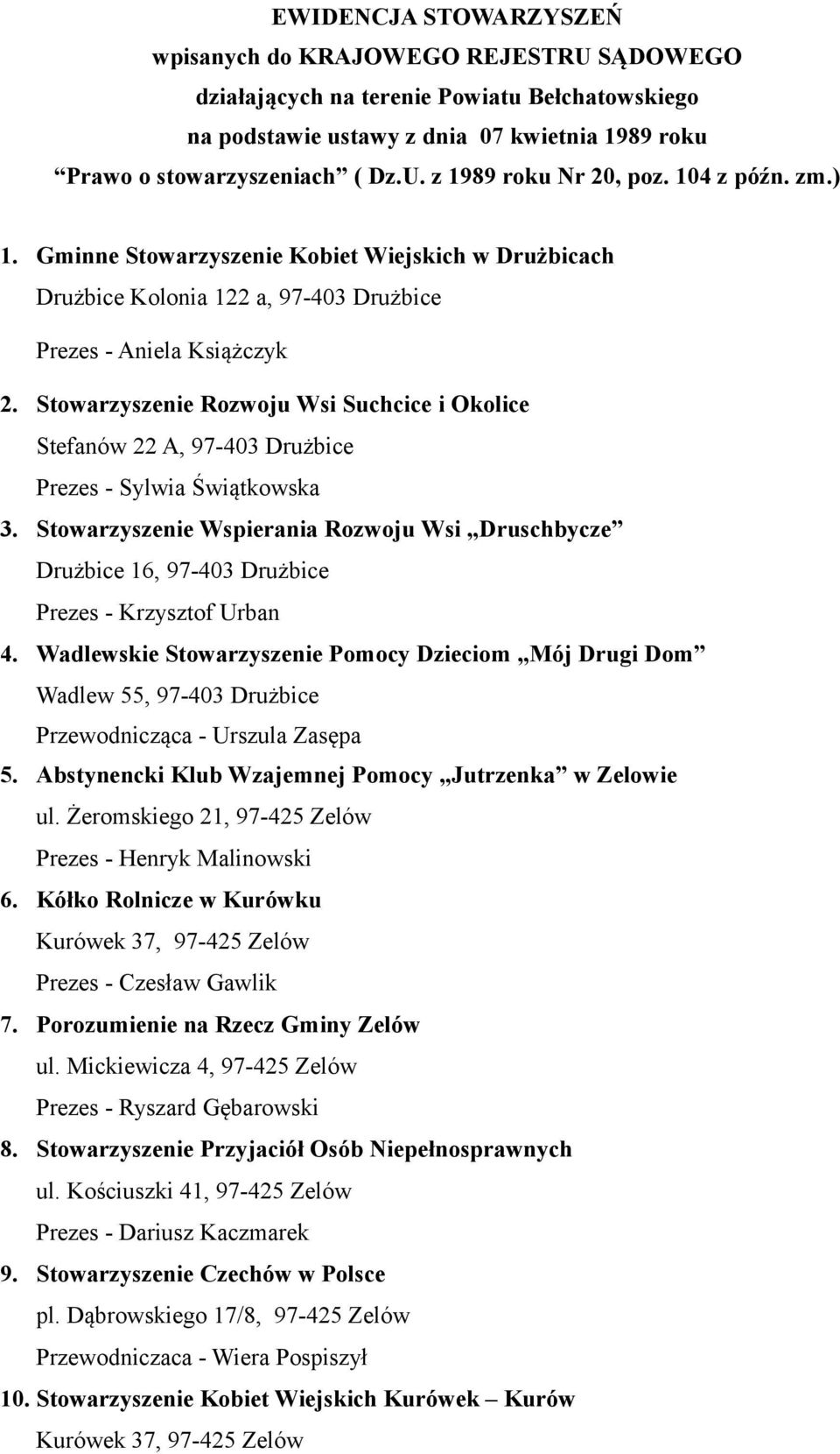 Stowarzyszenie Rozwoju Wsi Suchcice i Okolice Stefanów 22 A, 97-403 Drużbice Prezes - Sylwia Świątkowska 3.
