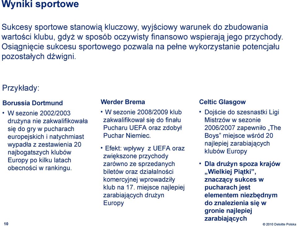 Przykłady: Borussia Dortmund W sezonie 2002/2003 drużyna nie zakwalifikowała się do gry w pucharach europejskich i natychmiast wypadła z zestawienia 20 najbogatszych klubów Europy po kilku latach