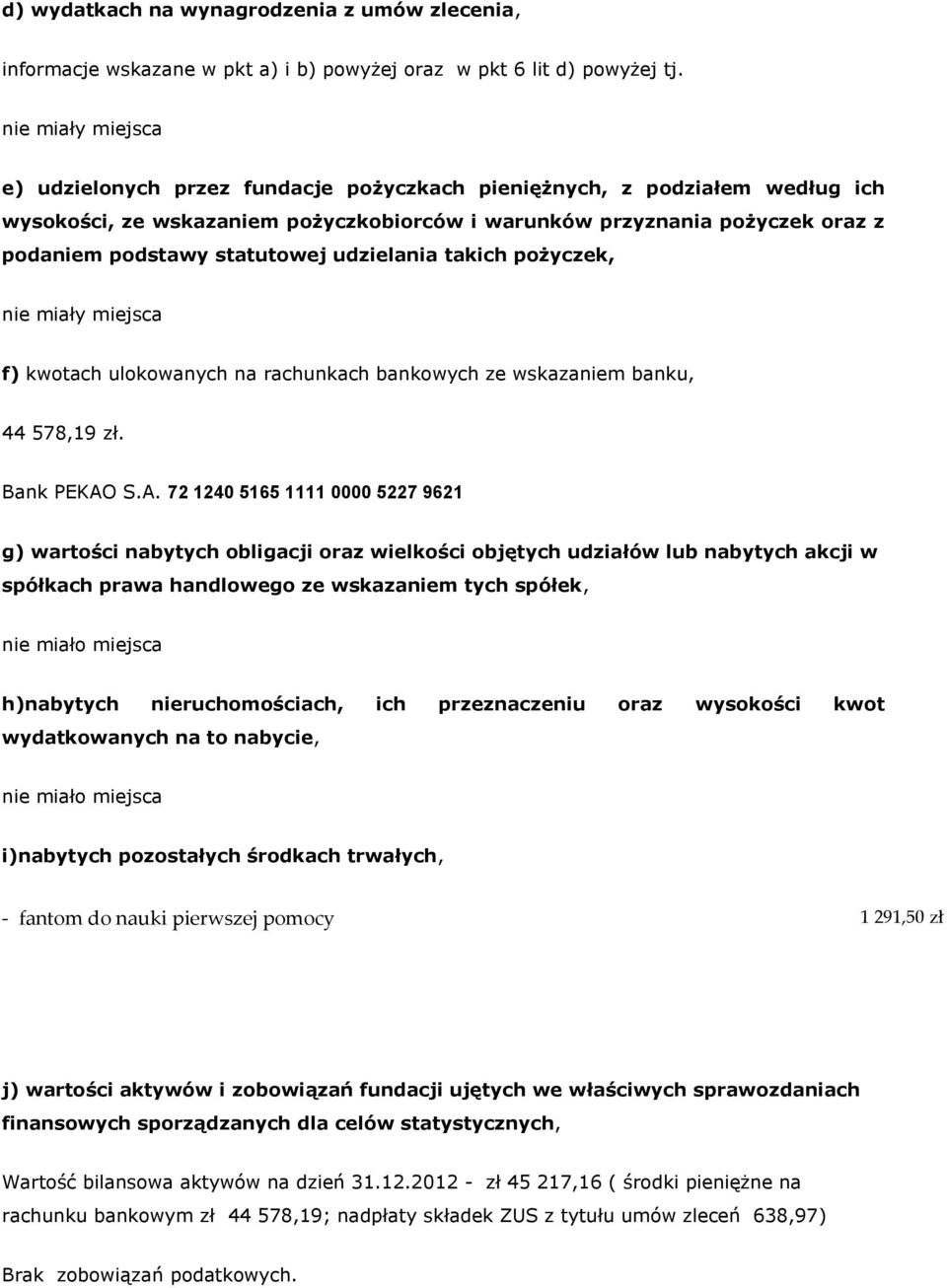 statutowej udzielania takich pożyczek, nie miały miejsca f) kwotach ulokowanych na rachunkach bankowych ze wskazaniem banku, 44 578,19 zł. Bank PEKAO