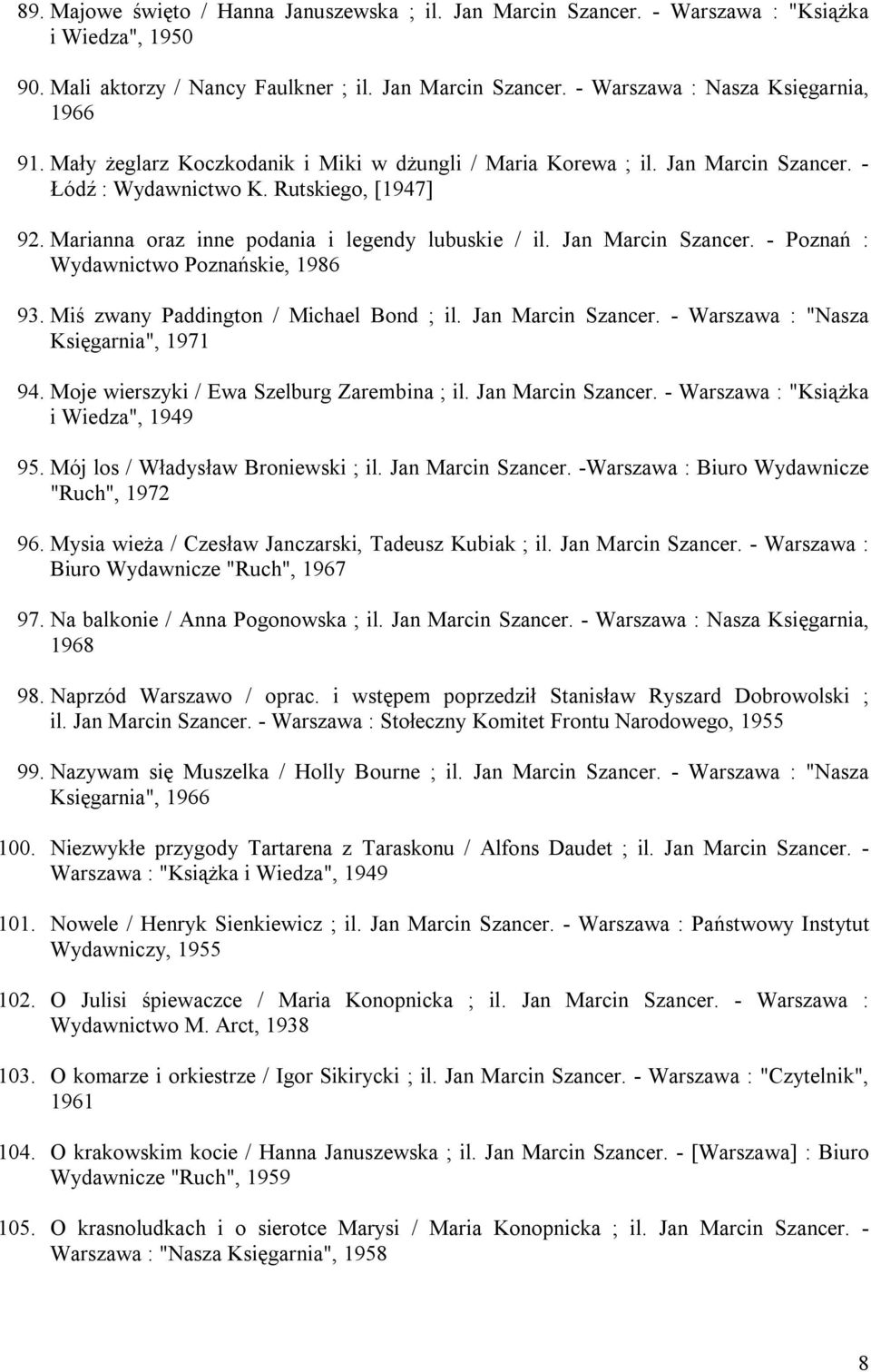 Miś zwany Paddington / Michael Bond ; il. Jan Marcin Szancer. - Warszawa : "Nasza Księgarnia", 1971 94. Moje wierszyki / Ewa Szelburg Zarembina ; il. Jan Marcin Szancer. - Warszawa : "Książka i Wiedza", 1949 95.