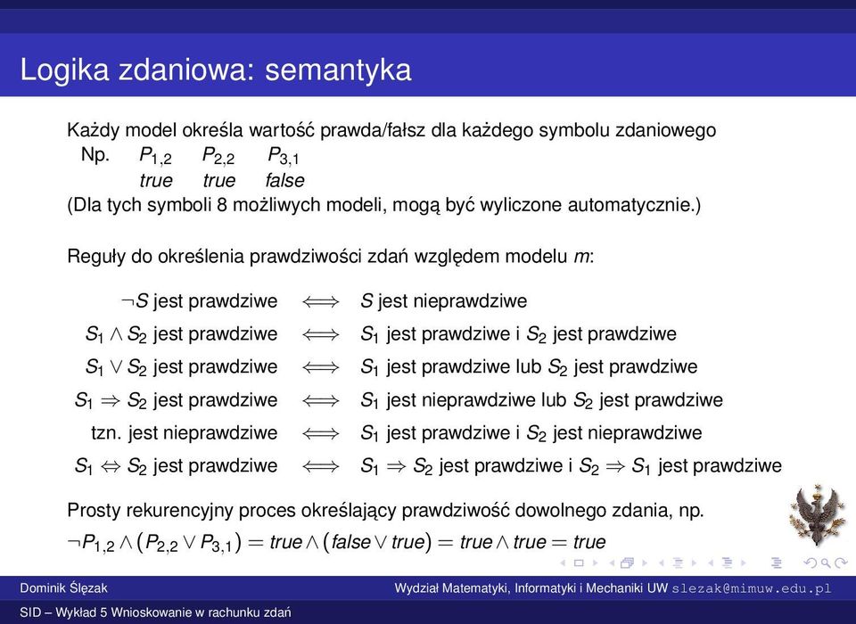 ) Reguły do określenia prawdziwości zdań względem modelu m: S jest prawdziwe S jest nieprawdziwe S S jest prawdziwe S jest prawdziwe i S jest prawdziwe S S jest prawdziwe S jest