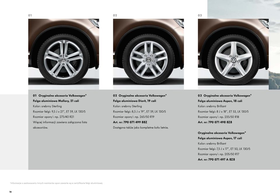 02 Oryginalne akcesoria Volkswagen Felga aluminiowa Diorit, 19 cali Kolor: srebrny Sterling Rozmiar felgi: 8,5 J x 19", ET 59, LK 130/5 Rozmiar opony 1 : np. 265/50 R19 Art.