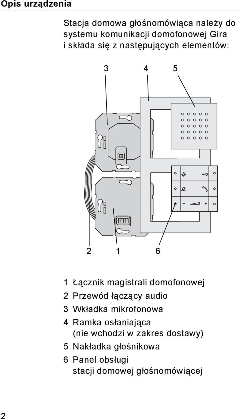 domofonowej 2 Przewód łączący audio 3 Wkładka mikrofonowa 4 Ramka osłaniająca (nie