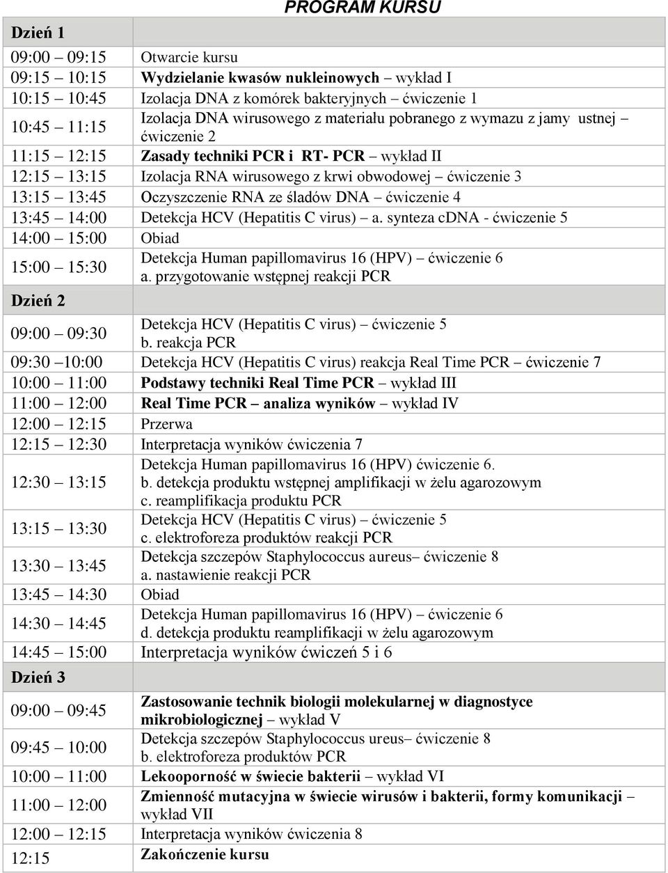 RNA ze śladów DNA ćwiczenie 4 13:45 14:00 Detekcja HCV (Hepatitis C virus) a. synteza cdna - ćwiczenie 5 14:00 15:00 Obiad 15:00 15:30 Dzień 2 Detekcja Human papillomavirus 16 (HPV) ćwiczenie 6 a.