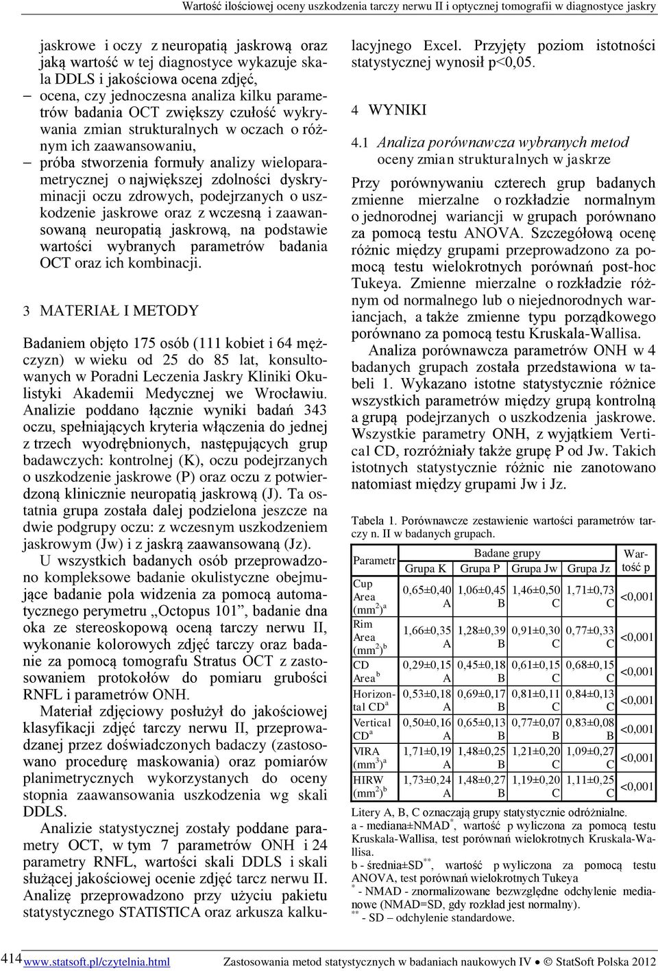 uszkodzenie jaskrowe oraz z wczesną i zaawansowaną neuropatią jaskrową, na podstawie wartości wybranych parametrów badania OT oraz ich kombinacji.