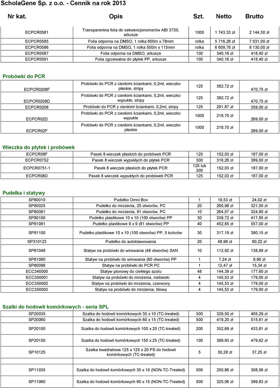 418,40 zł Probówki do PCR ECPCR0208F ECPCR0208D Probówki do PCR z cienkimi ściankami, 0,2ml, wieczko płaskie, stripy Probówki do PCR z cienkimi ściankami, 0,2ml, wieczko wypukłe, stripy 125 382,72 zł