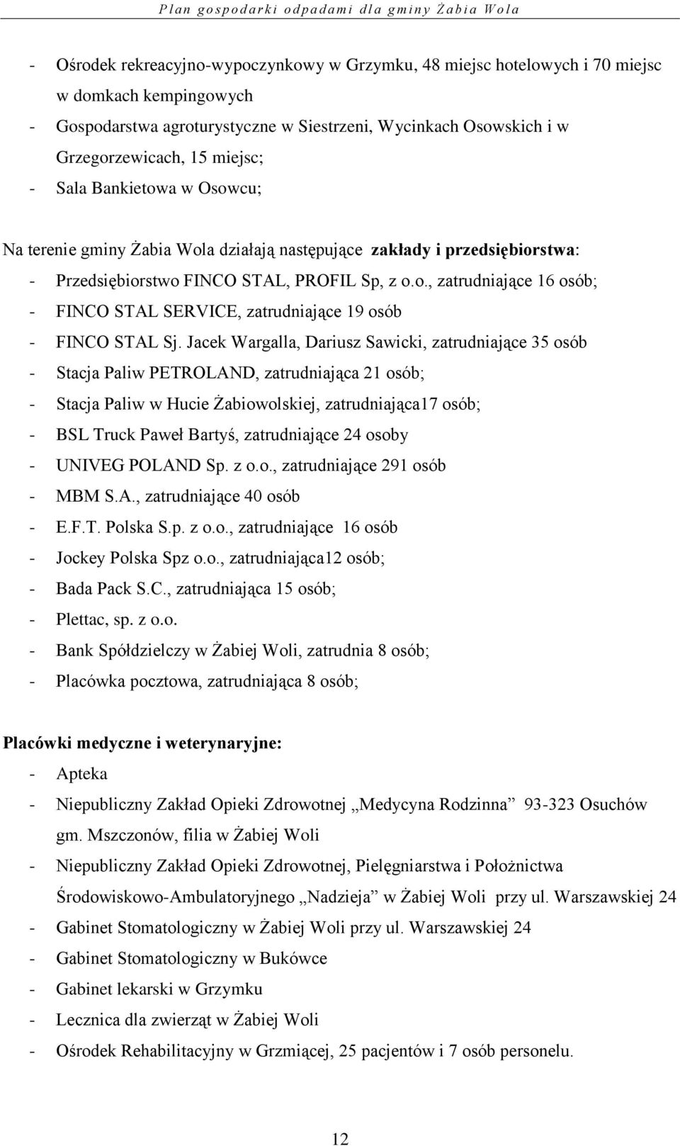 Jacek Wargalla, Dariusz Sawicki, zatrudniające 35 osób - Stacja Paliw PETROLAND, zatrudniająca 21 osób; - Stacja Paliw w Hucie Żabiowolskiej, zatrudniająca17 osób; - BSL Truck Paweł Bartyś,