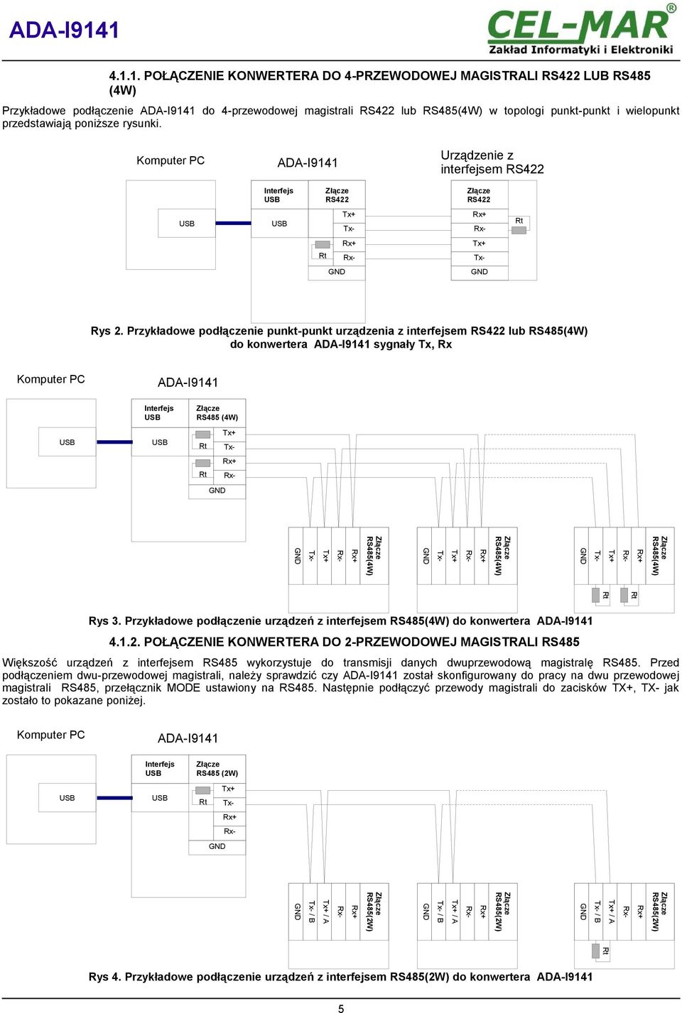 Przykładowe podłączenie punkt-punkt urządzenia z interfejsem RS422 lub RS485(4W) do konwertera ADA-I9141 sygnały Tx, Rx Komputer PC ADA-I9141 Interfejs RS485 (4W) Rt Rt Tx+ Tx- RS485(4W) Tx- Tx+