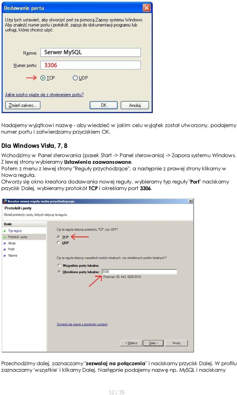 Potem z menu z lewej strony "Reguły przychodzące", a następnie z prawej strony klikamy w Nowa reguła.