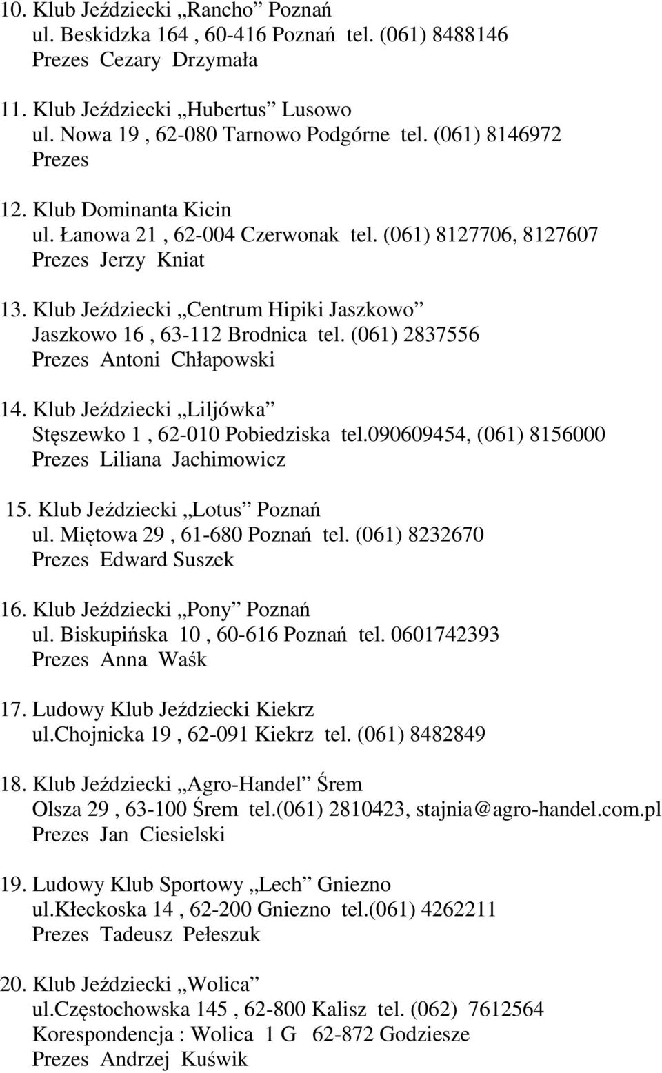 Klub Jeździecki Centrum Hipiki Jaszkowo Jaszkowo 16, 63-112 Brodnica tel. (061) 2837556 Prezes Antoni Chłapowski 14. Klub Jeździecki Liljówka Stęszewko 1, 62-010 Pobiedziska tel.