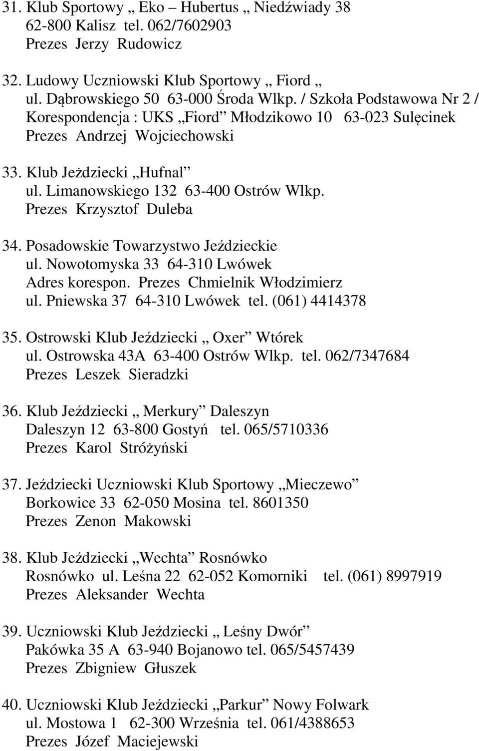 Prezes Krzysztof Duleba 34. Posadowskie Towarzystwo Jeździeckie ul. Nowotomyska 33 64-310 Lwówek Adres korespon. Prezes Chmielnik Włodzimierz ul. Pniewska 37 64-310 Lwówek tel. (061) 4414378 35.