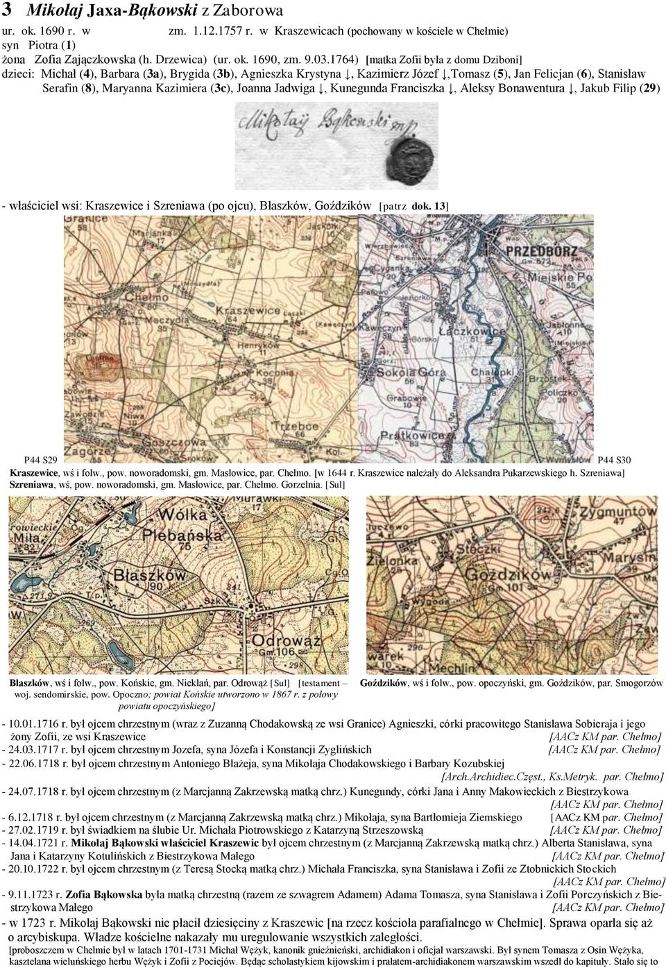 (3c), Joanna Jadwiga, Kunegunda Franciszka, Aleksy Bonawentura, Jakub Filip (29) - właściciel wsi: Kraszewice i Szreniawa (po ojcu), Błaszków, Goździków [patrz dok.