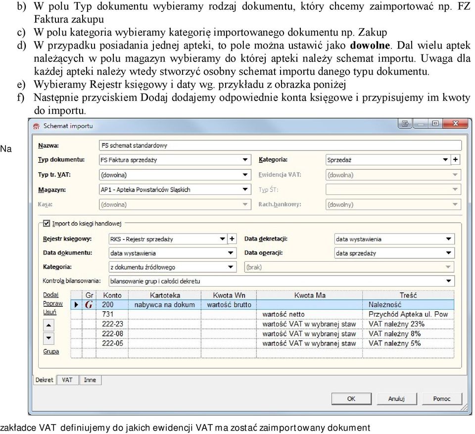 Dal wielu aptek należących w polu magazyn wybieramy do której apteki należy schemat importu.