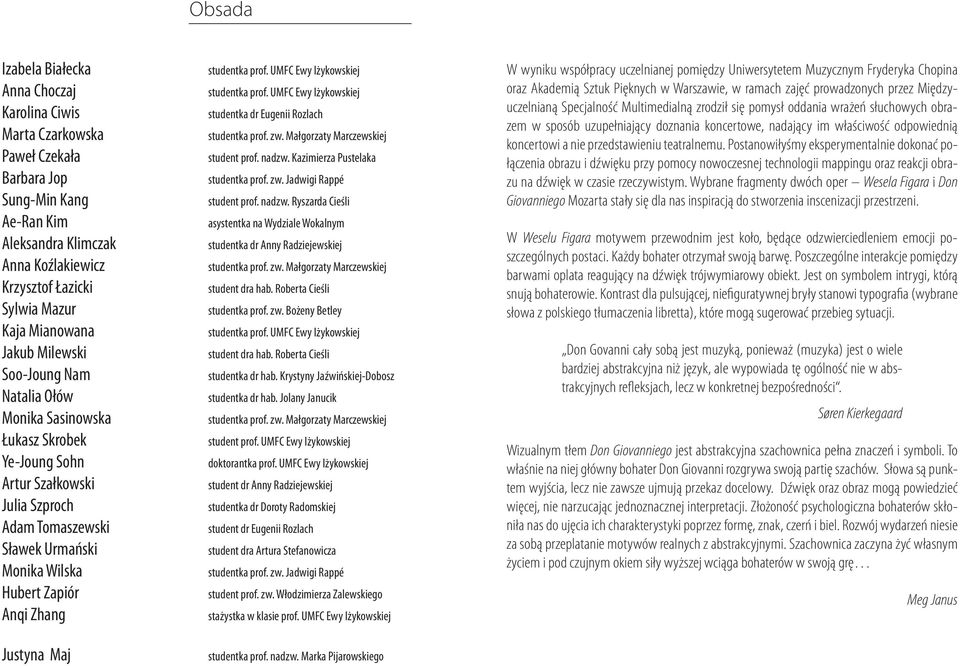 Zhang Justyna Maj studentka prof. UMFC Ewy Iżykowskiej studentka prof. UMFC Ewy Iżykowskiej studentka dr Eugenii Rozlach studentka prof. zw. Małgorzaty Marczewskiej student prof. nadzw.