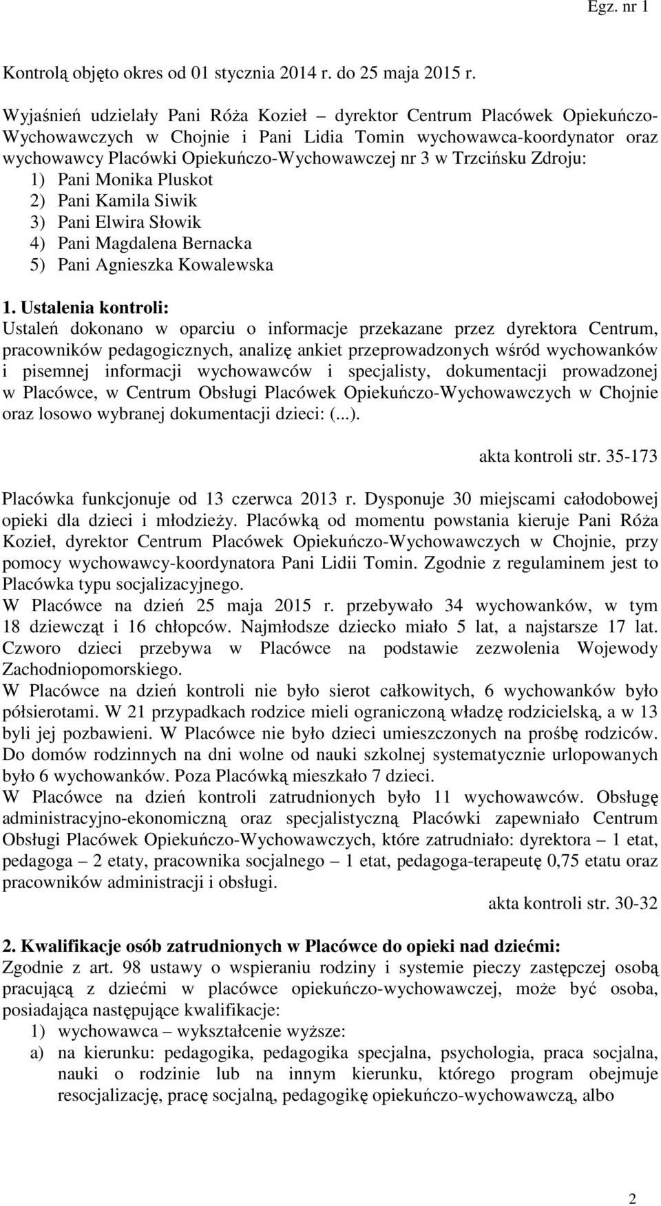 Trzcińsku Zdroju: 1) Pani Monika Pluskot 2) Pani Kamila Siwik 3) Pani Elwira Słowik 4) Pani Magdalena Bernacka 5) Pani Agnieszka Kowalewska 1.