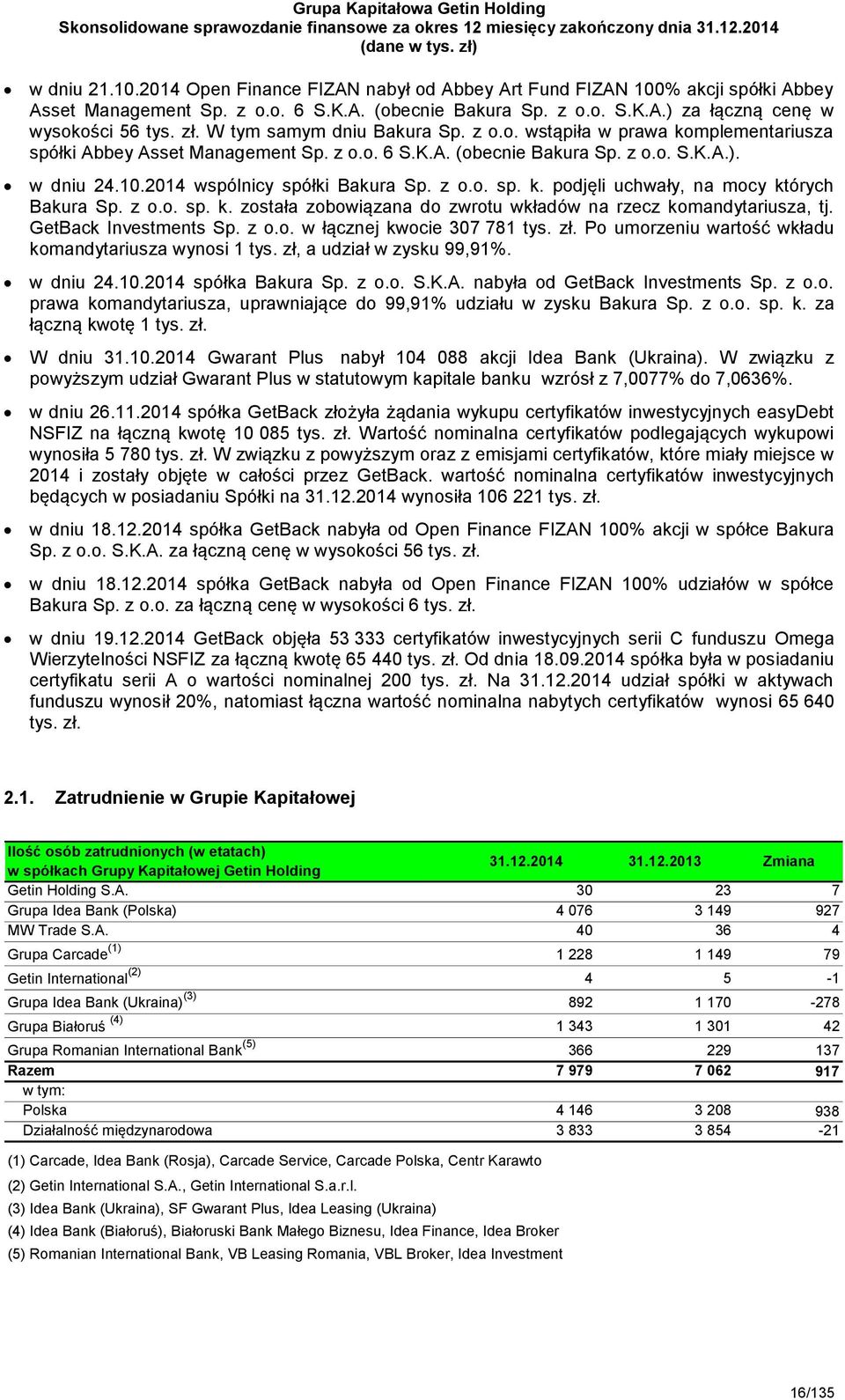 2014 wspólnicy spółki Bakura Sp. z o.o. sp. k. podjęli uchwały, na mocy których Bakura Sp. z o.o. sp. k. została zobowiązana do zwrotu wkładów na rzecz komandytariusza, tj. GetBack Investments Sp.