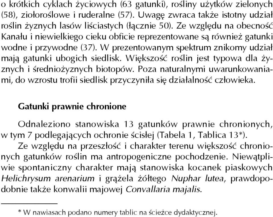 Większość roślin jest typowa dla żyznych i średniożyznych biotopów. Poza naturalnymi uwarunkowaniami, do wzrostu trofii siedlisk przyczyniła się działalność człowieka.