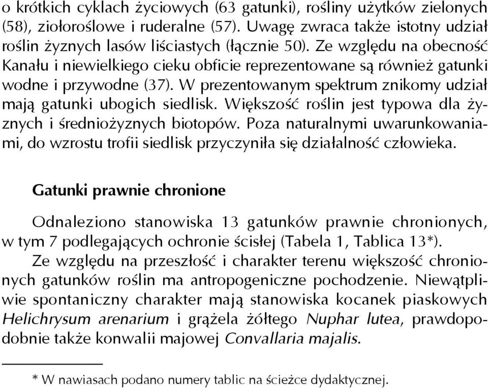 Większość roślin jest typowa dla żyznych i średniożyznych biotopów. Poza naturalnymi uwarunkowaniami, do wzrostu trofii siedlisk przyczyniła się działalność człowieka.