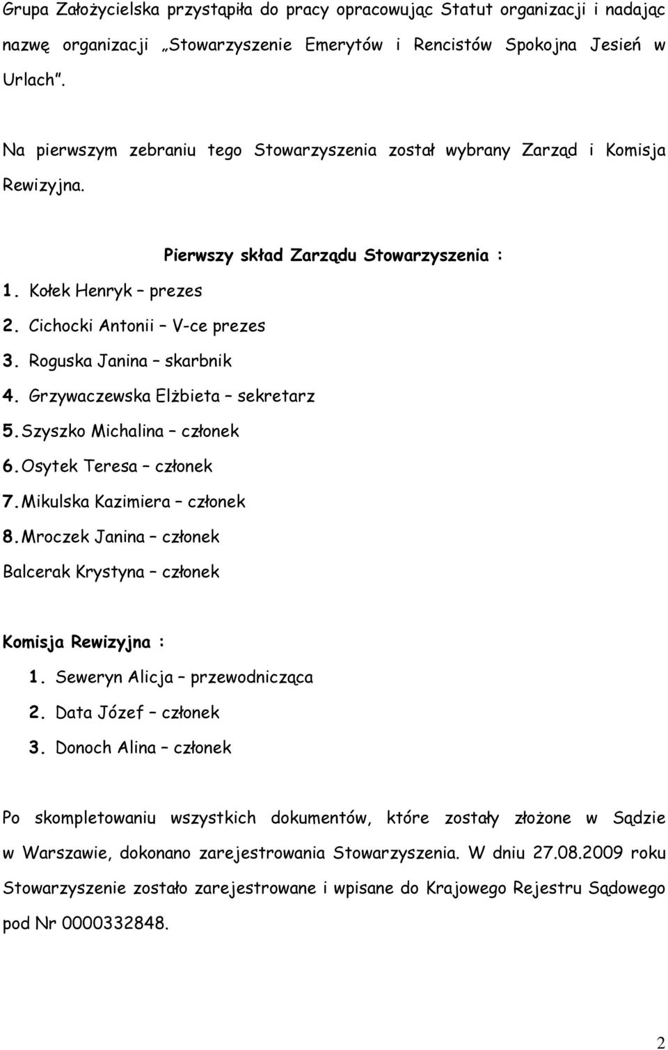 Roguska Janina skarbnik 4. Grzywaczewska Elżbieta sekretarz 5. Szyszko Michalina członek 6. Osytek Teresa członek 7. Mikulska Kazimiera członek 8.