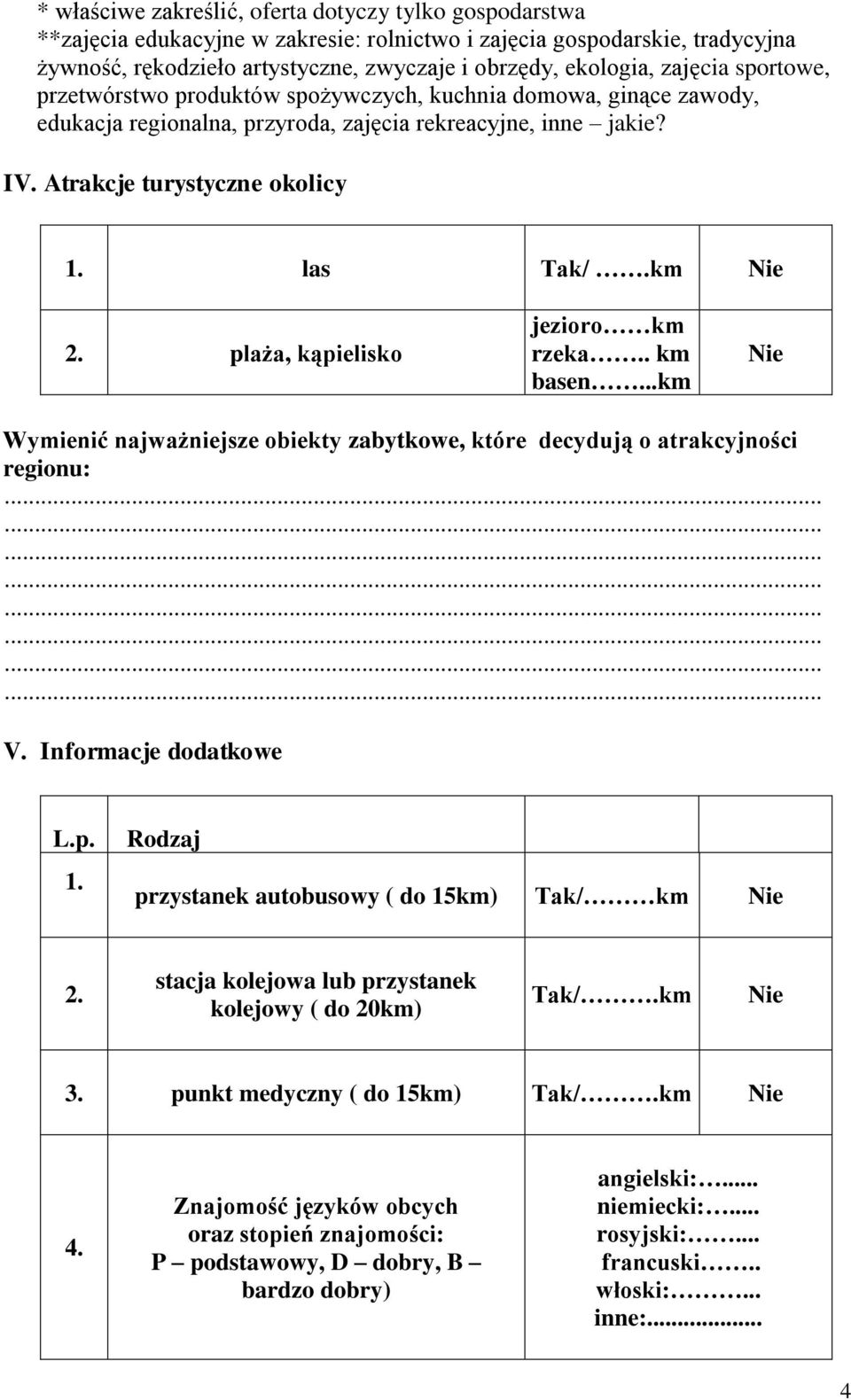 plaża, kąpielisko jezioro km rzeka.. km basen...km Wymienić najważniejsze obiekty zabytkowe, które decydują o atrakcyjności regionu: V. Informacje dodatkowe L.p. 1.