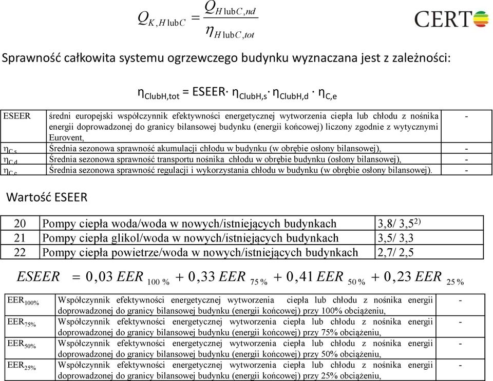 Średnia sezonowa sprawność akumulacji chłodu w budynku (w obrębie osłony bilansowej), - η C,d Średnia sezonowa sprawność transportu nośnika chłodu w obrębie budynku (osłony bilansowej), - η C,e