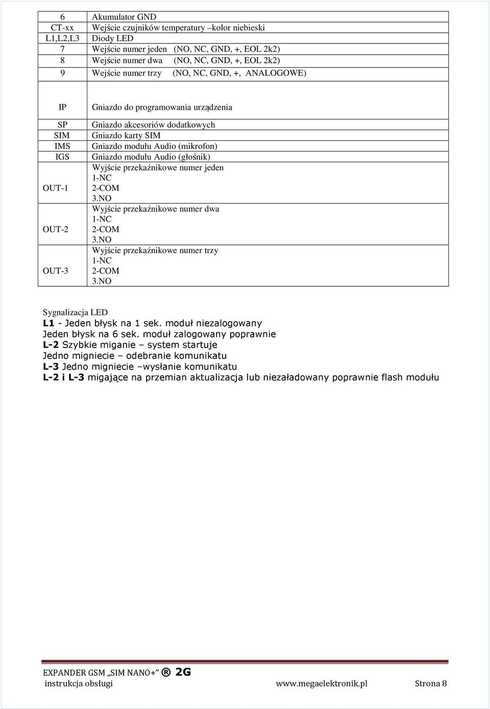 modułu Audio (głośnik) Wyjście przekaźnikowe numer jeden 1-NC 2-COM 3.NO Wyjście przekaźnikowe numer dwa 1-NC 2-COM 3.NO Wyjście przekaźnikowe numer trzy 1-NC 2-COM 3.
