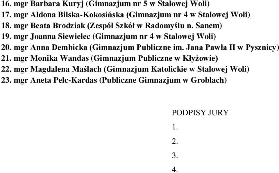 mgr Anna Dembicka (Gimnazjum Publiczne im. Jana Pawła II w Pysznicy) 21. mgr Monika Wandas (Gimnazjum Publiczne w Kłyżowie) 22.