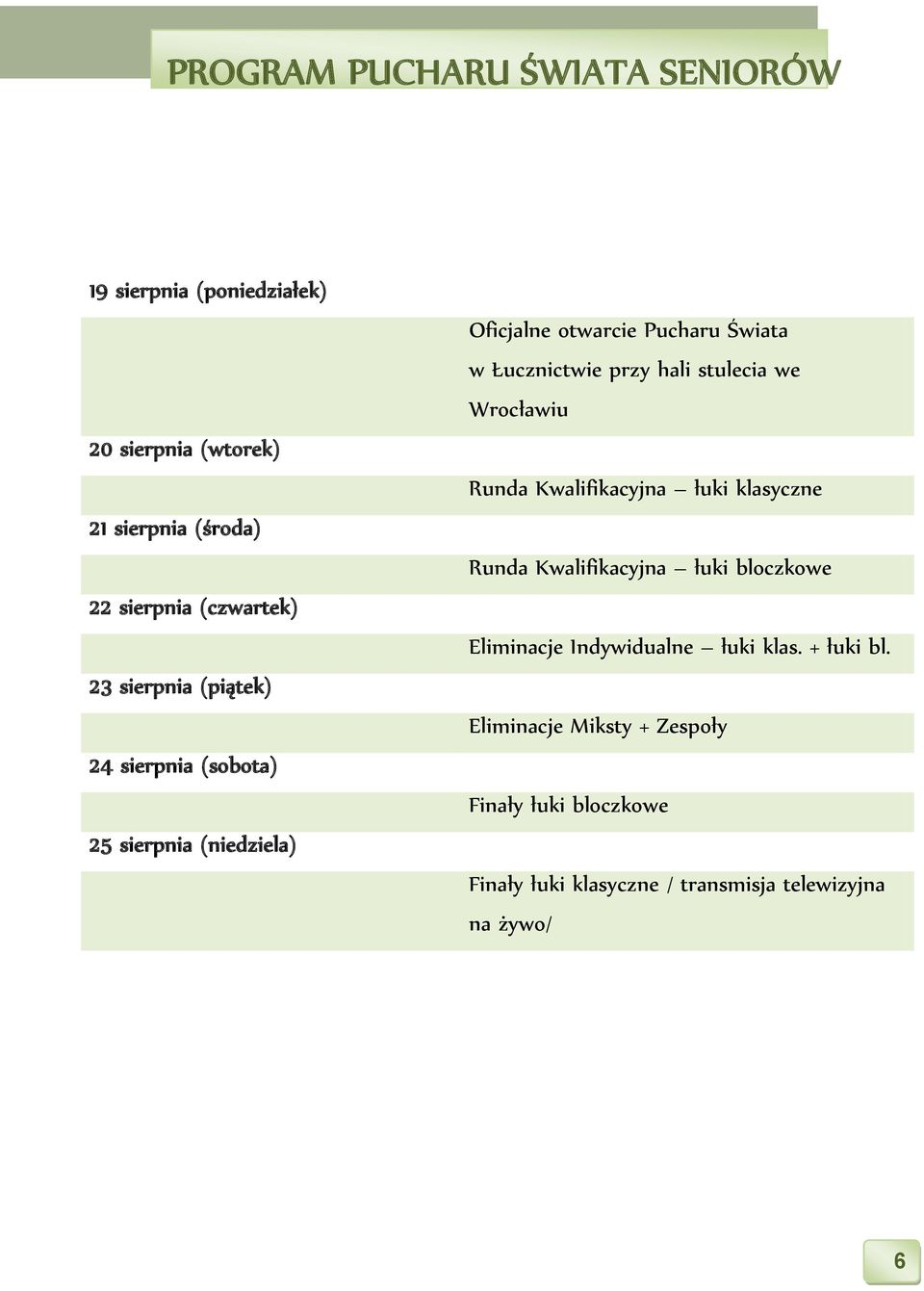 stulecia we Wrocławiu Runda Kwalifikacyjna łuki klasyczne Runda Kwalifikacyjna łuki bloczkowe Eliminacje Indywidualne łuki