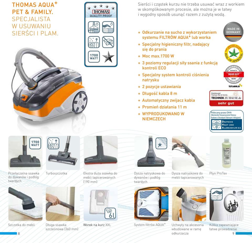 + Odkurzanie na sucho z wykorzystaniem systemu FILTRÓW AQUA + lub worka + Specjalny higieniczny filtr, nadający się do prania + Moc max.