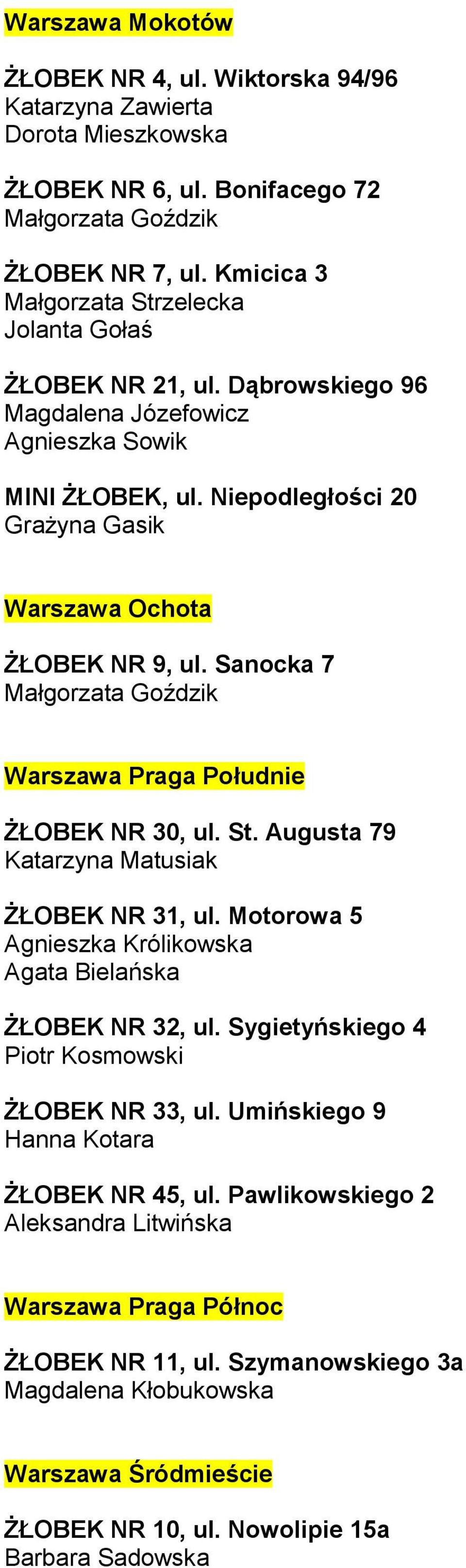Sanocka 7 Małgorzata Goździk Warszawa Praga Południe ŻŁOBEK NR 30, ul. St. Augusta 79 Katarzyna Matusiak ŻŁOBEK NR 31, ul. Motorowa 5 Agnieszka Królikowska Agata Bielańska ŻŁOBEK NR 32, ul.