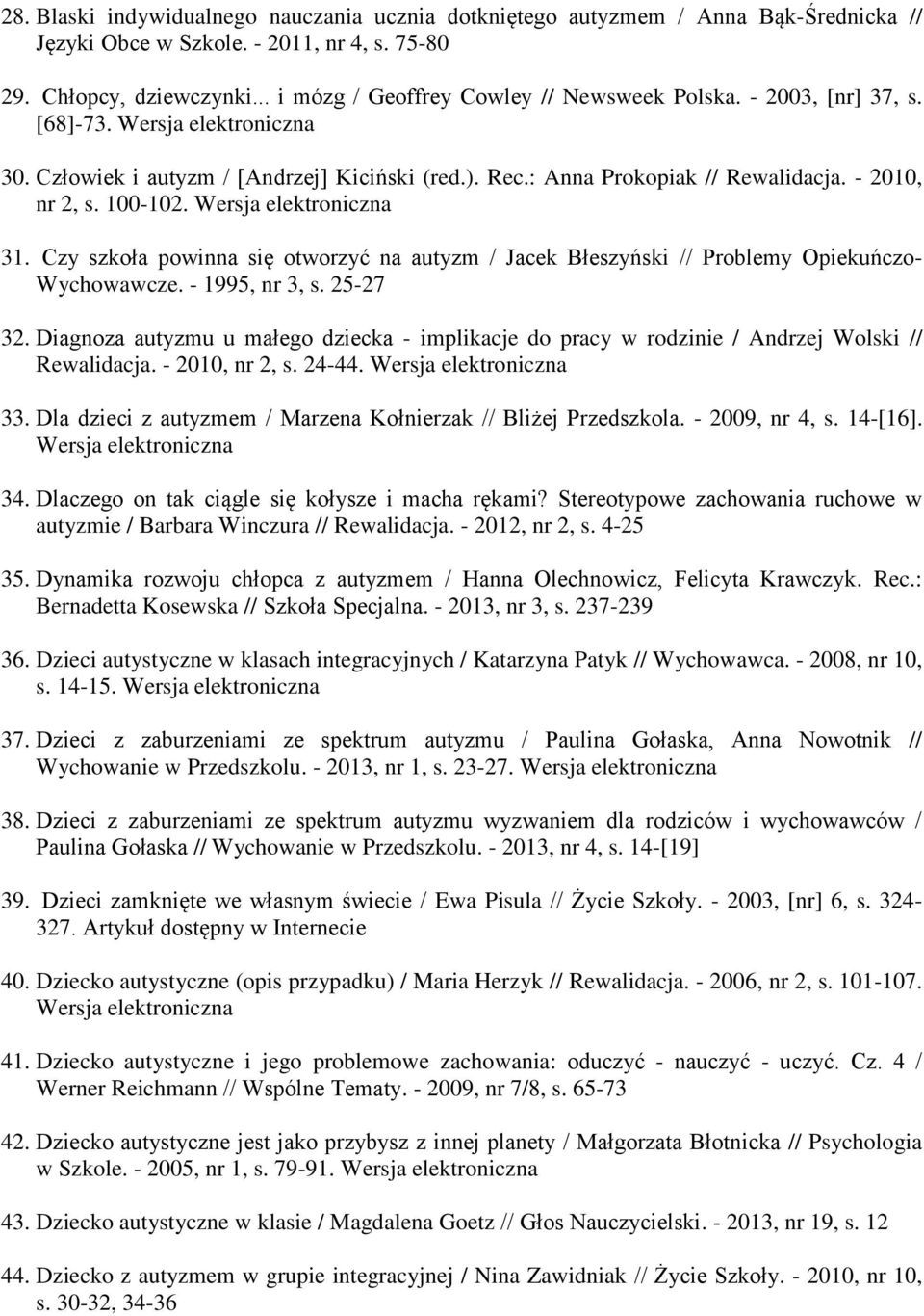 Wersja 31. Czy szkoła powinna się otworzyć na autyzm / Jacek Błeszyński // Problemy Opiekuńczo- Wychowawcze. - 1995, nr 3, s. 25-27 32.
