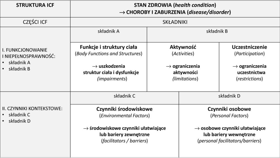 (Activities) ograniczenia aktywności (limitations) Uczestniczenie (Participation) ograniczenia uczestnictwa (restrictions) składnik C składnik D II.