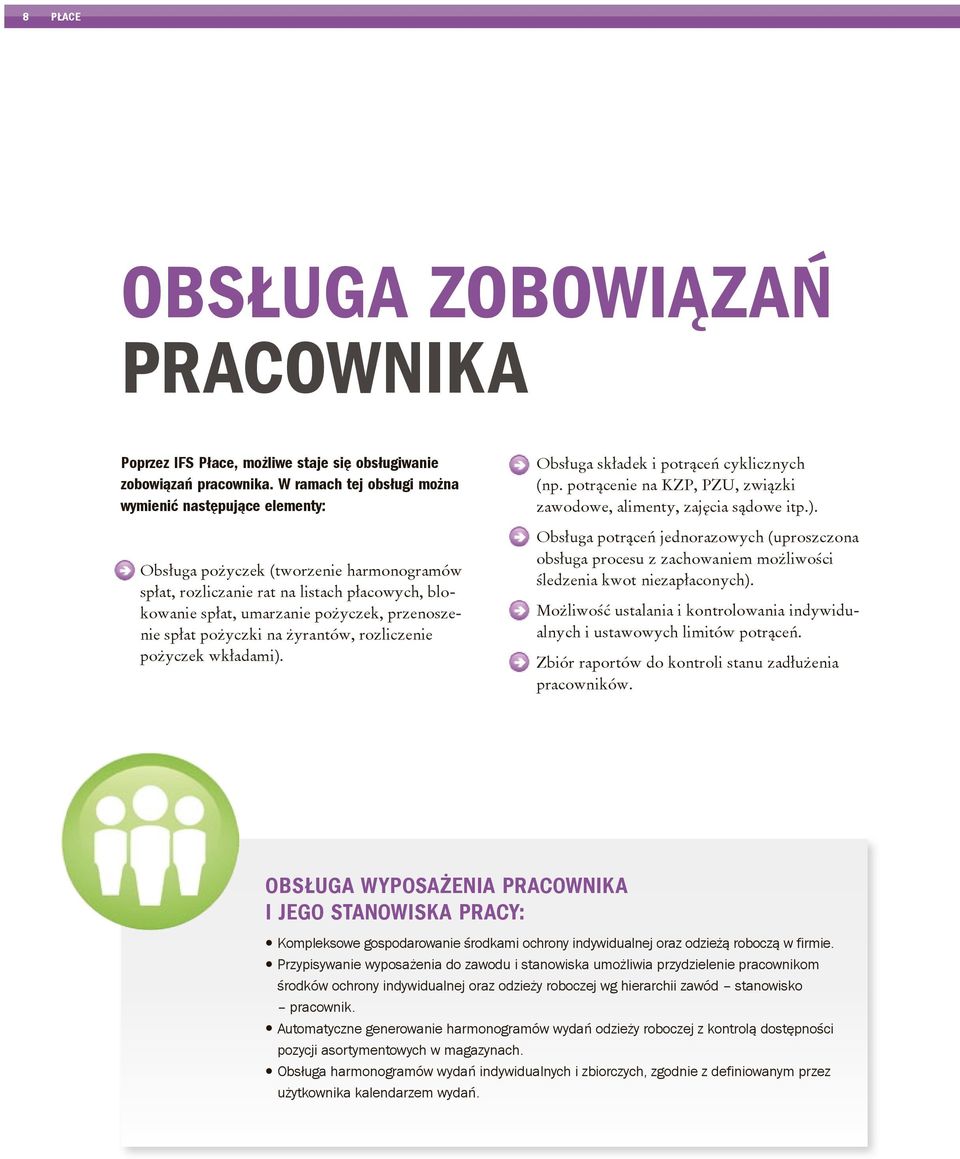 spłat pożyczki na żyrantów, rozliczenie pożyczek wkładami). Obsługa składek i potrąceń cyklicznych (np. potrącenie na KZP, PZU, związki zawodowe, alimenty, zajęcia sądowe itp.). Obsługa potrąceń jednorazowych (uproszczona obsługa procesu z zachowaniem możliwości śledzenia kwot niezapłaconych).