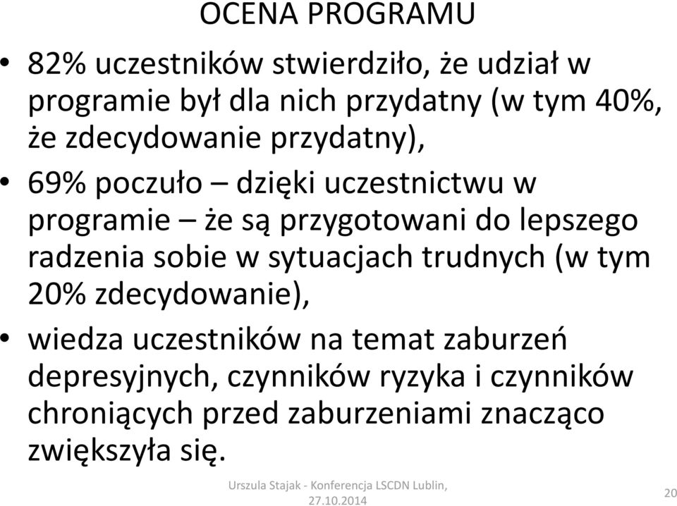 lepszego radzenia sobie w sytuacjach trudnych (w tym 20% zdecydowanie), wiedza uczestników na temat