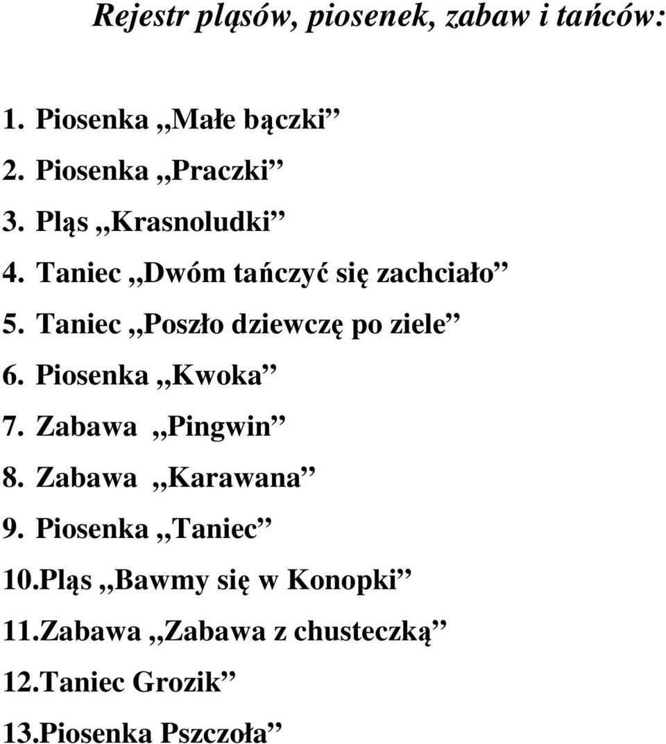 Taniec Poszło dziewczę po ziele 6. Piosenka Kwoka 7. Zabawa Pingwin 8.