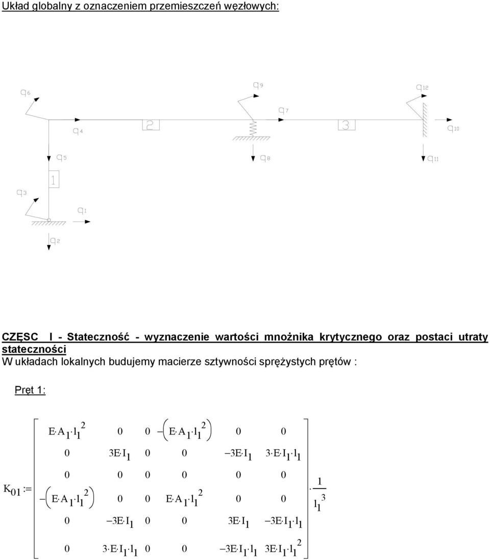 budujemy macierze sztywności sprężystych prętów : Pręt 1: K 1 := EA 1 l 1 EA 1 l 1 3E I 1