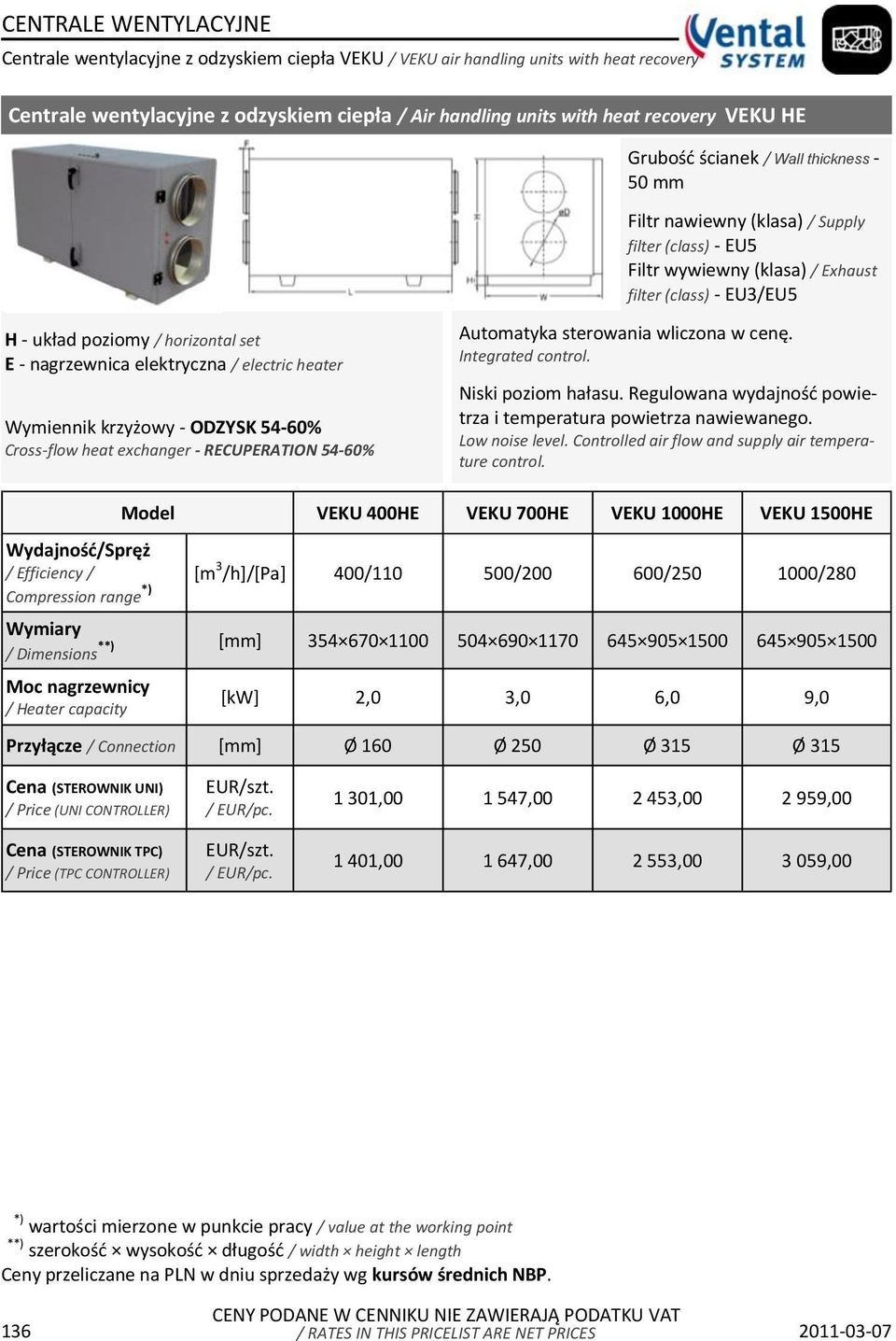 electric heater Wymiennik krzyżowy - ODZYSK 54-60% Cross-flow heat exchanger - RECUPERATION 54-60% Automatyka sterowania wliczona w cenę. Integrated control. Niski poziom hałasu.