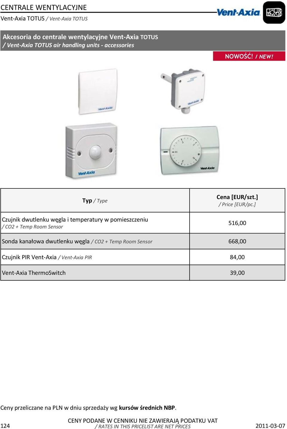 Typ / Type Czujnik dwutlenku węgla i temperatury w pomieszczeniu / CO2 + Temp Room Sensor Cena [] / Price [EUR/pc.