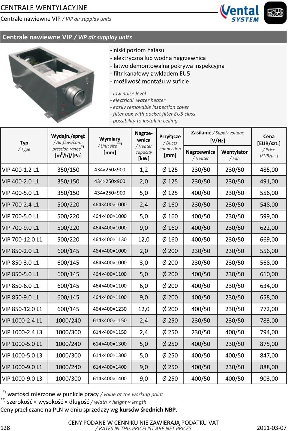 montażu w suficie - low noise level - electrical water heater - easily removable inspection cover - filter box with pocket filter EU5 class - possibility to install in ceiling / Unit size **)