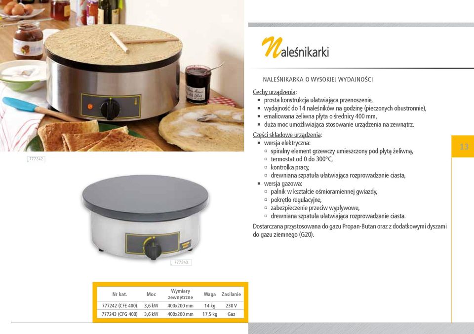 wersja elektryczna: spiralny element grzewczy umieszczony pod płytą żeliwną, termostat od 0 do 300 C, kontrolka pracy, drewniana szpatuła ułatwiająca rozprowadzanie ciasta, wersja gazowa: palnik w