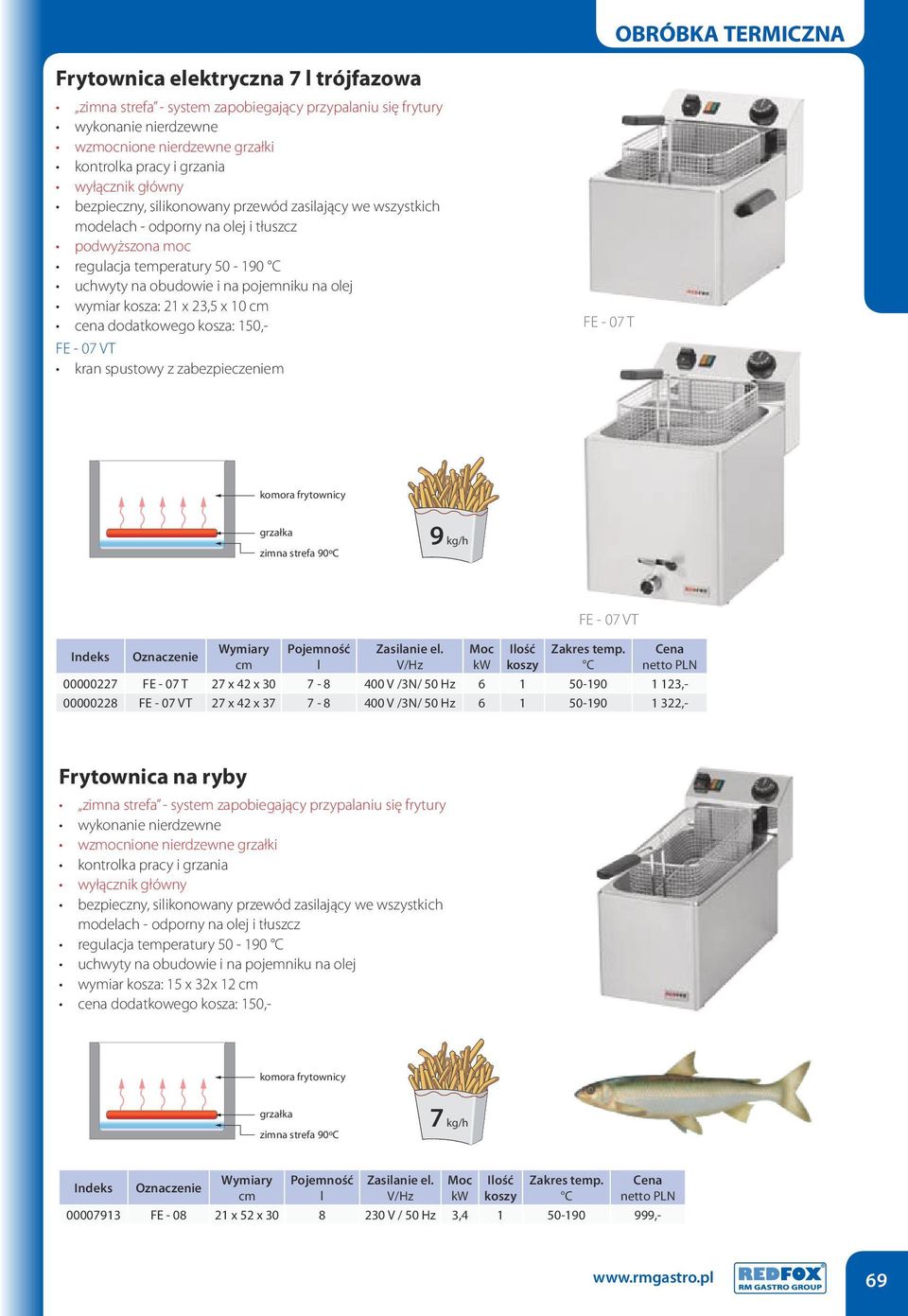 zabezpieczeniem FE - 07 T komora frytownicy grzałka zimna strefa 90ºC 9 kg/h l Ilość koszy FE - 07 VT 00000227 FE - 07 T 27 x 42 x 30 7-8 400 V /3N/ 50 Hz 6 1 50-190 1 123,- 00000228 FE - 07 VT 27 x