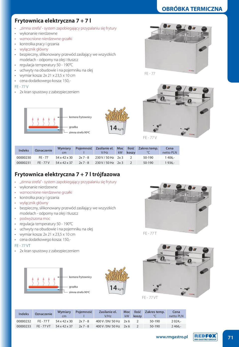 - 77 komora frytownicy grzałka zimna strefa 90ºC 14 kg/h FE - 77 V l Ilość koszy 00000230 FE - 77 54 x 42 x 30 2x 7-8 230 V / 50 Hz 2x 3 2 50-190 1 406,- 00000231 FE - 77 V 54 x 42 x 37 2x 7-8 230 V