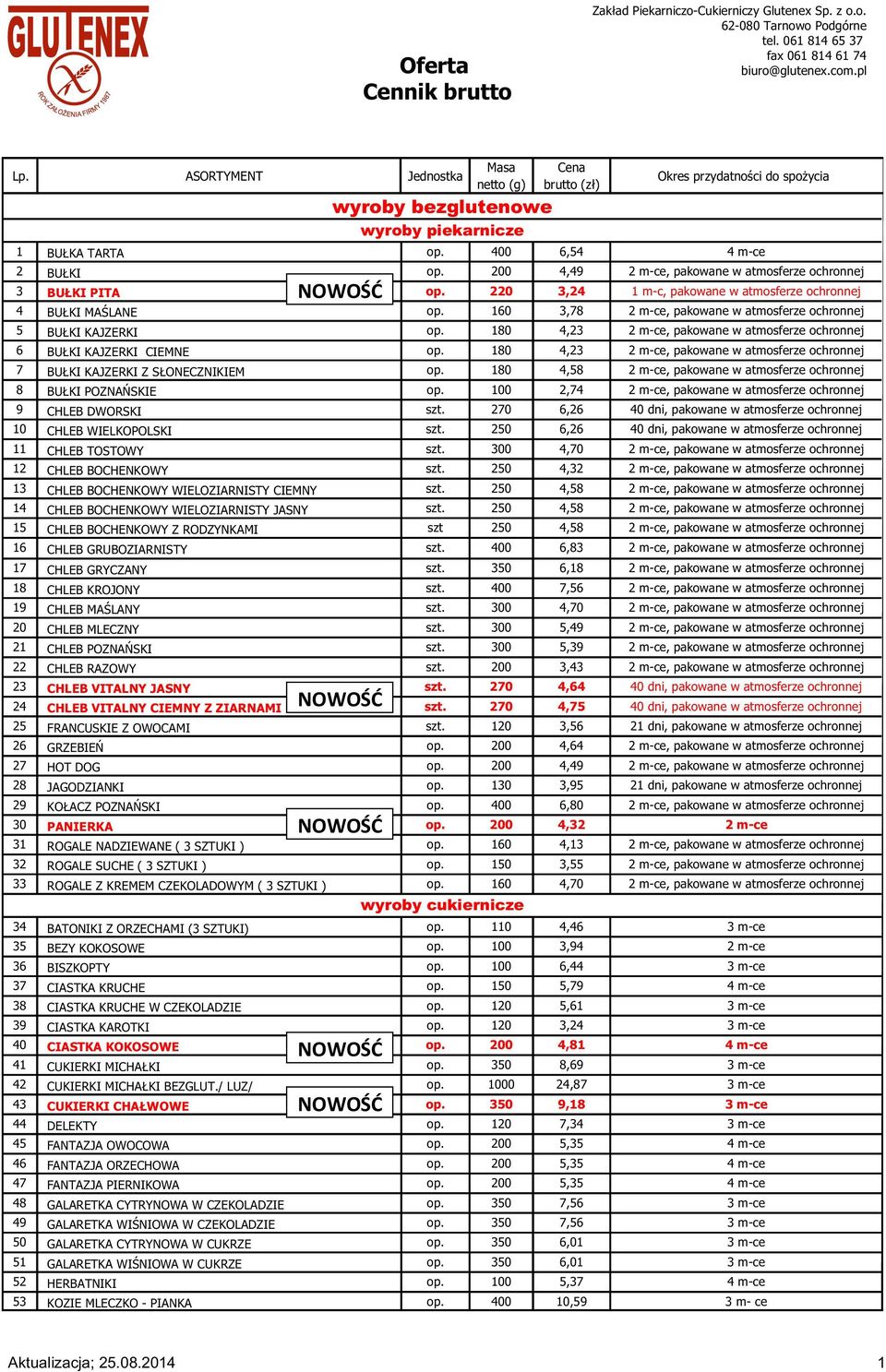 SŁONECZNIKIEM 0, BUŁKI POZNAŃSKIE, CHLEB DWORSKI 0, 0 dni, pakowane w atmosferze ochronnej 0 CHLEB WIELKOPOLSKI, 0 dni, pakowane w atmosferze ochronnej CHLEB TOSTOWY 00,0 CHLEB BOCHENKOWY, CHLEB