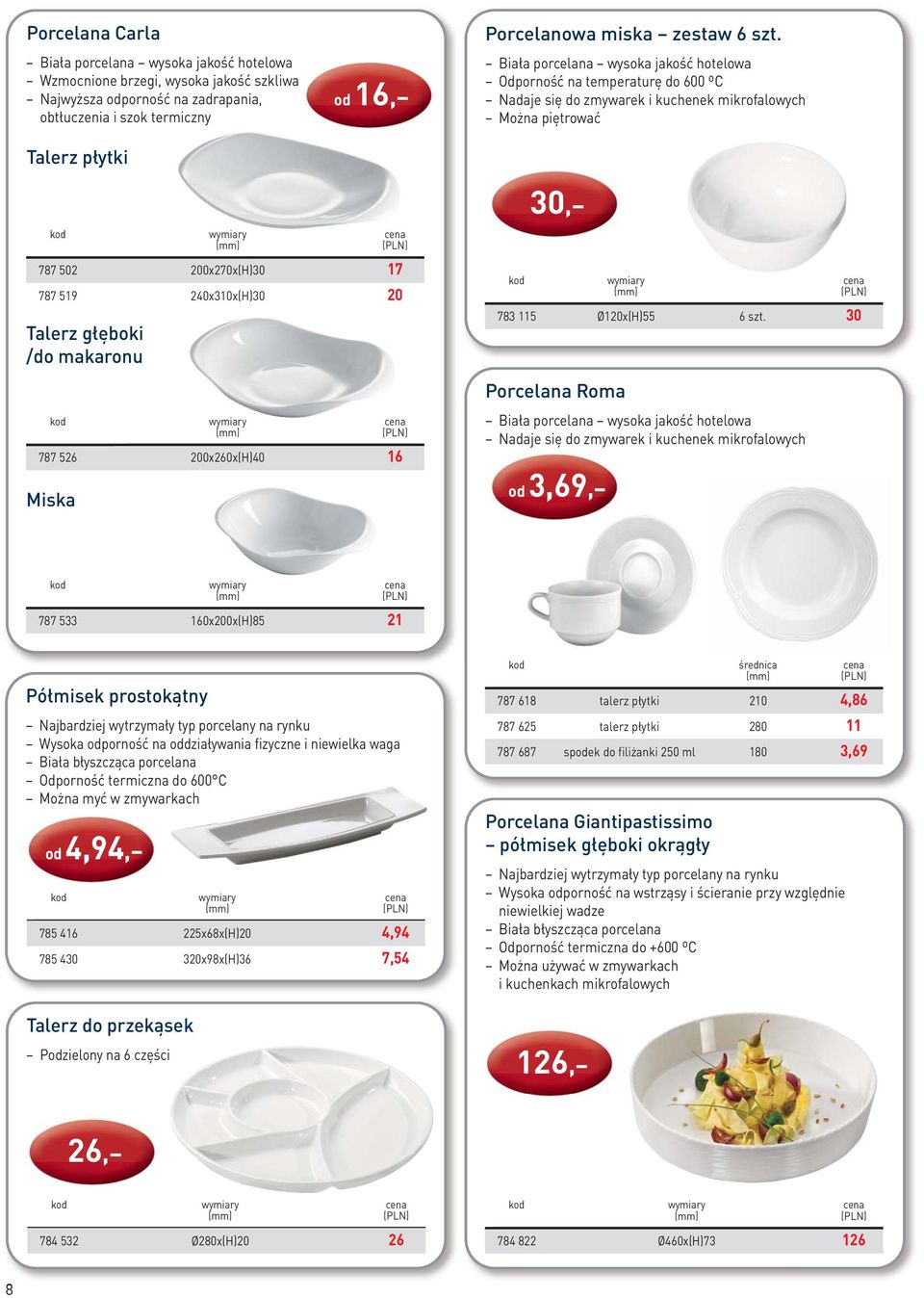 Biała porcelana wysoka jakość hotelowa Odporność na temperaturę do 600 ºC Nadaje się do zmywarek i kuchenek mikrofalowych Można piętrować 787 502 200x270x(H)30 17 787 519 240x310x(H)30 20 Talerz