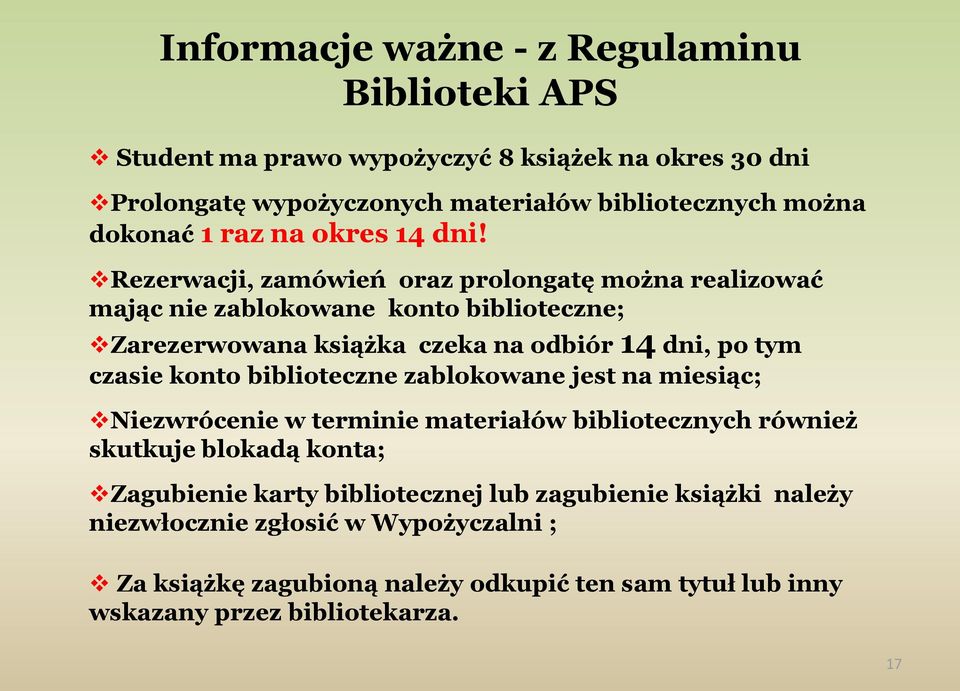 Rezerwacji, zamówień oraz prolongatę można realizować mając nie zablokowane konto biblioteczne; Zarezerwowana książka czeka na odbiór 14 dni, po tym czasie konto