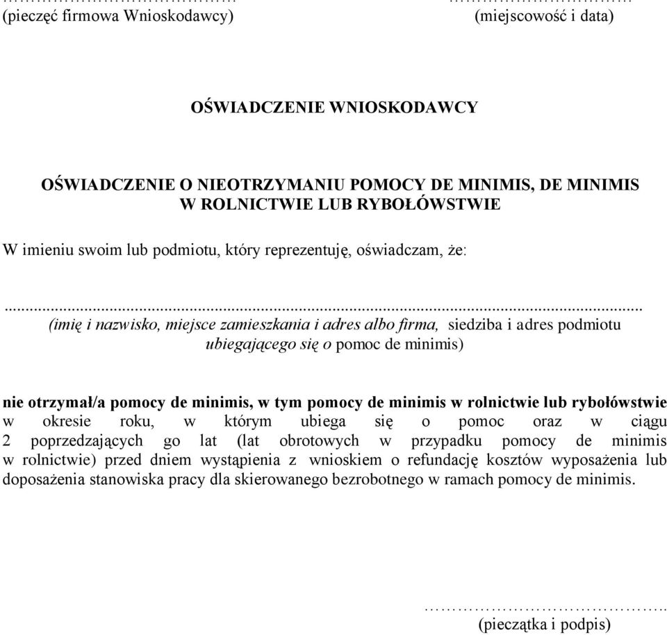 .. (imię i nazwisko, miejsce zamieszkania i adres albo firma, siedziba i adres podmiotu ubiegającego się o pomoc de minimis) nie otrzymał/a pomocy de minimis, w tym pomocy de minimis w