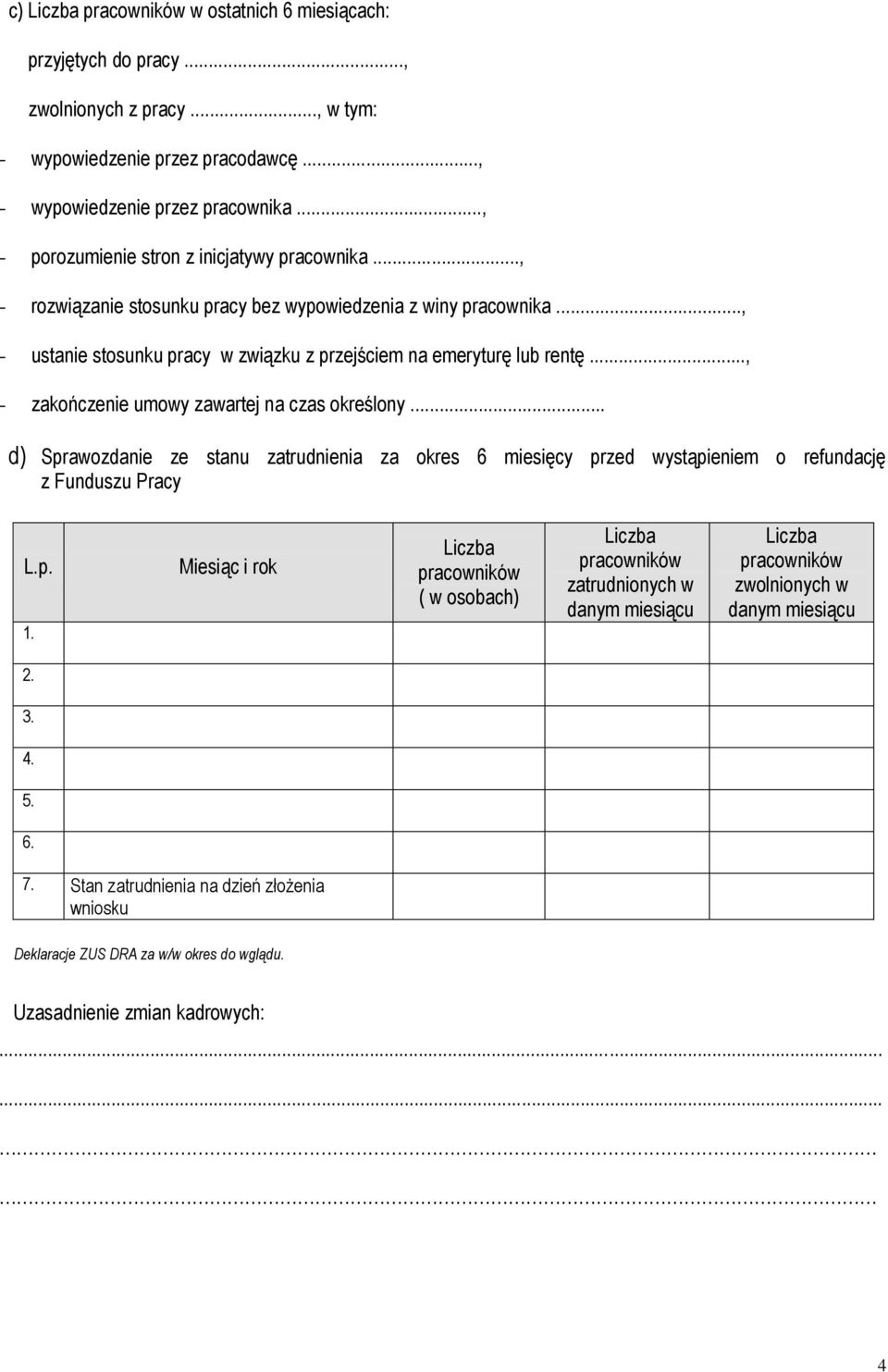 .., - zakończenie umowy zawartej na czas określony... d) Sprawozdanie ze stanu zatrudnienia za okres 6 miesięcy przed wystąpieniem o refundację z Funduszu Pracy L.p. 1.