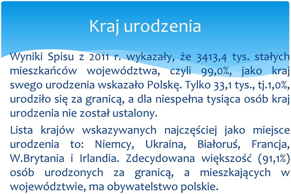 1,0%, urodziło się za granicą, a dla niespełna tysiąca osób kraj urodzenia nie został ustalony.